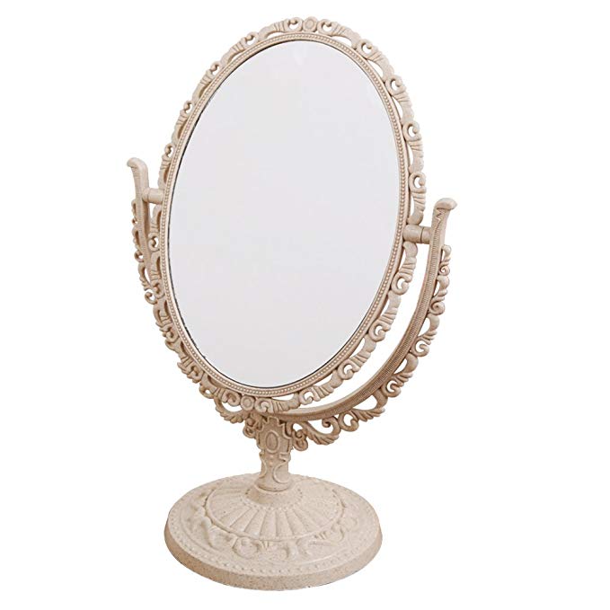 XPXKJ TabletopSwivel Vanity Makeup Mirror with 3X Magnification, Two SidedABS Decorative Framed European StyleMakeupMirror for Bathroom Bedroom Dressing Table- Oval(Mini)