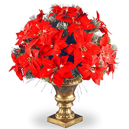 National Tree 26 Inch Fiber Optic Crestwood Spruce Bush with Cones, Glitter, Red Berries, Red Poinsettia and Silver Bristle in Gold Urn (SZCW7-108L-26-1)