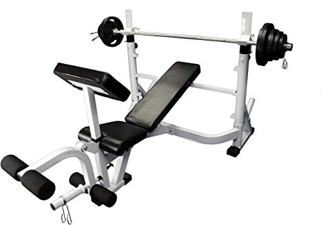 Ader Sporting Goods Heavy Duty Olympic Universal White Bench w/ 300 Lbs Weight Grey Olympic Set