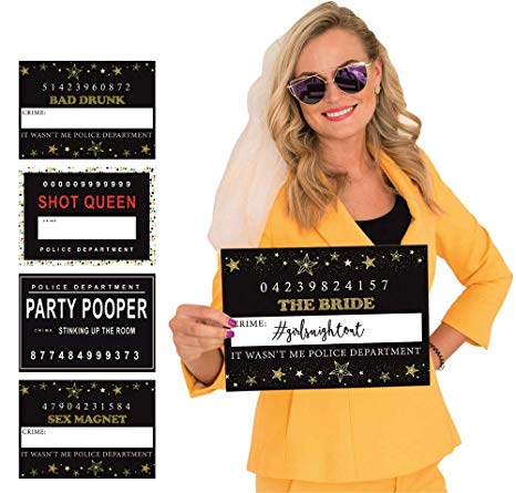 Hilarious Party Mugshot Signs by Weenca – Looks Outstanding Paired with Photo Booth Props – Great for Bachelorette Party, Girls Night Out or Birthday – 20 Reversible  Mugshot Signs - 40 Variations