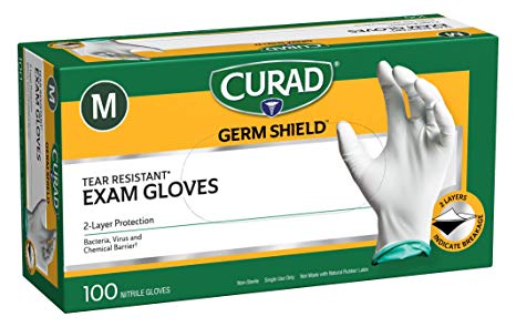 CURAD Germ Shield Tear Resistant Nitrile Exam Gloves, 2 Layer Protection, Medium (100 Count)