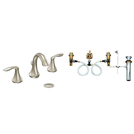 Moen Eva Two-Handle High-Arc Bathroom Faucet Bundle (Brushed Nickel) complete with Moen 9000 Widespread Lavatory Rough-In Valve with Drain Assembly