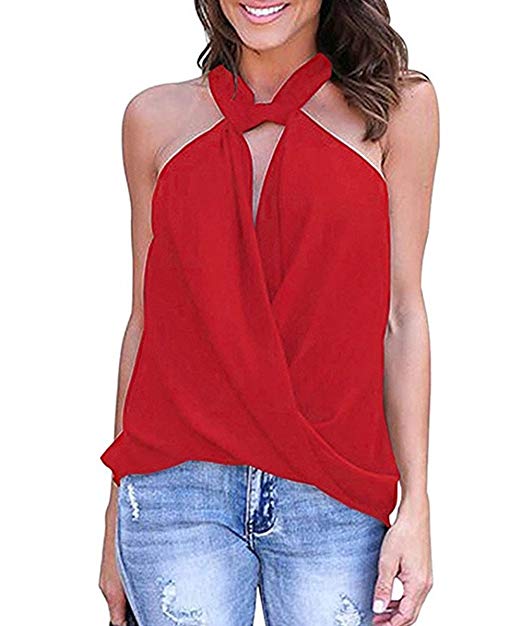 Shele Womens Halter Tank Tops Chiffon Backless Cami Blouse Tunic Shirts