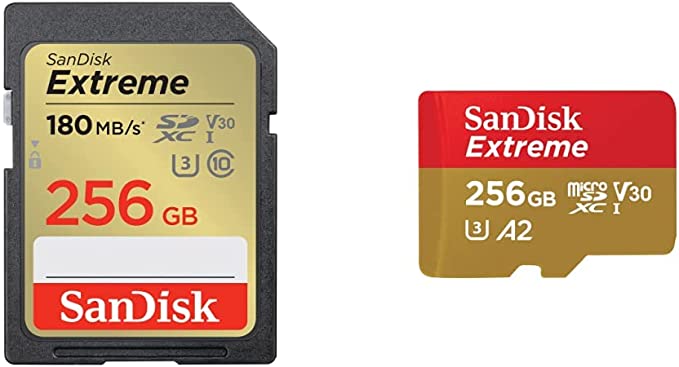 SanDisk 256GB Extreme SDXC UHS-I Memory Card & 256GB Extreme microSDXC UHS-I Memory Card with Adapter - Up to 190MB/s, C10, U3, V30, 4K, 5K, A2, Micro SD Card - SDSQXAV-256G-GN6MA