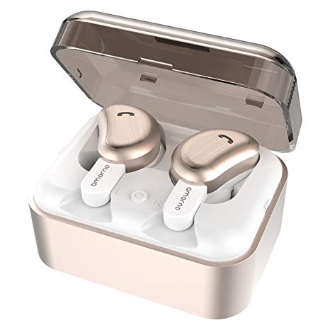 Wireless Earbuds, AMORNO True Bluetooth Headphones in-Ear Deep Bass Noise Cancelling Earphones Mini Sweatproof Headsets with Charging Case Built-in Mic for iPhone Android (Gold)