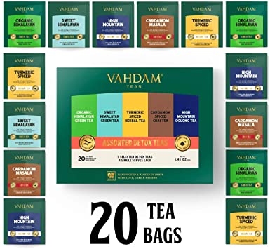 VAHDAM, Detox Tea Sampler, 5 TEAS - Tea Variety Pack | 20 Detox Tea Bags | Anti-Oxidant & Flavonoids Rich Teas for Everyday 100% Natural Detox & Cleanse | Tea Sampler Gift Set