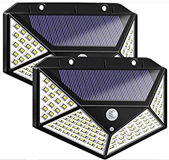 Solar Motion Sensor Light Outdoor 2Pack 100 LED Security Lights Waterproof Bright Wireless Detector Wall Lamp Dusk to Dawn Night Detection Flood Lighting for Outside Driveway Door Garage Path