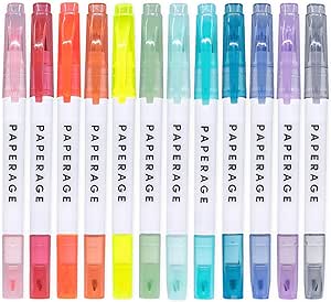 PAPERAGE Clear View Highlighters, Assorted Pastel Colors, Double Ended Highlighter Set, Broad & Fine Tip, 12 Count