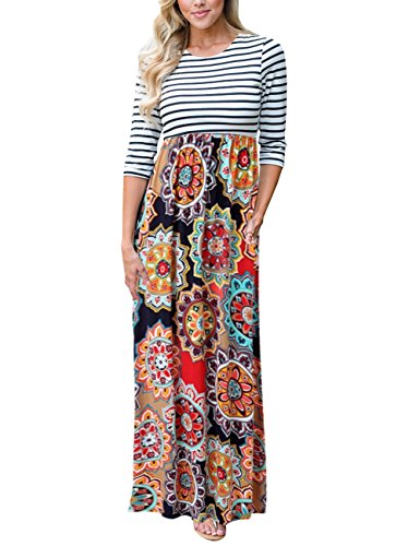 MEROKEETY Women's Striped Floral Print 3/4 Sleeve Tie Waist Maxi Dress With Pockets