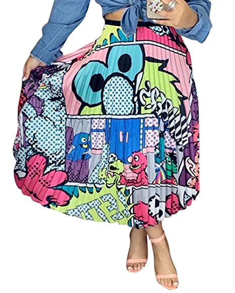 ThusFar Women's Graffiti Pleated Skirts Cartoon Printed Elastic Waist A-Line Swing Midi Skirt