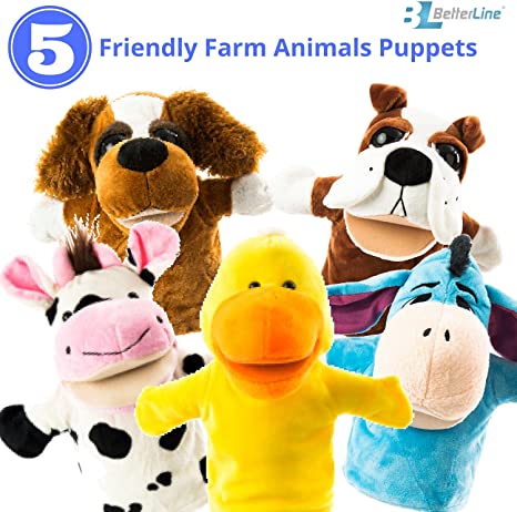 Animal Hand Puppets 5-Piece Set - Premium Quality with Movable Open Mouths, 9.5” Soft Plush Hand Puppets For Kids- Perfect For Storytelling, Teaching, Preschool - by Better Line (Farm Animals)