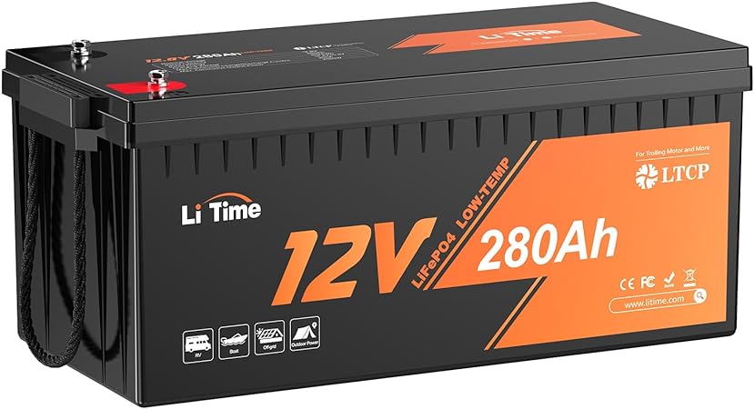 Litime 12V 280Ah Plus Low-Temp Protection LiFePO4 Battery Built-in 200A BMS, Max 3584Wh Energy, Up to 15000 Deep Cycles, Perfect for Solar System, RV, Camping, Boat, Home Energy Storage