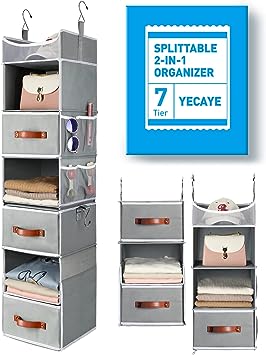 Yecaye 2023 Upgraded 7-Shelf Hanging Closet Organizer, Flexible 1 Split into 2 Closet Organizers and Storage, Hanging Storage Organizer Shelves with 3 Drawers 4 Side Pockets for Bedroom Closet Rack