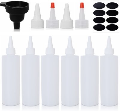 Squeeze Bottle 8 Oz - Set of 6 Pack - With Caps, Silicone Funnel, Chalk Labels, 4 Extra Caps, E-book. Leakproof, BPA Free & Refillable Squirt Plastic Bottles For Condiments, Mustard, Ketchup