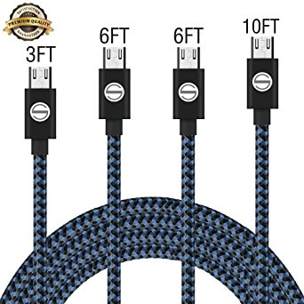 SGIN Micro USB Cable,4-Pack 3FT 6FT 6FT 10FT Nylon Braided Charging Cord - Extra Long USB 2.1 Sync and Charge for Android Devices, Samsung Galaxy, Sony, Motorola Nokia,and More(Black Blue)