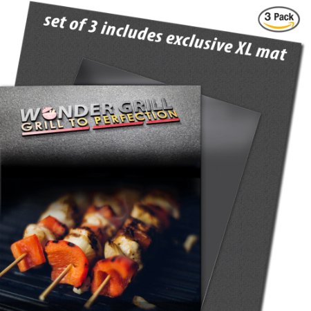 Wonder Grill Mat Set of 3 BBQ Grill Mats Includes 1 Bonus Exclusive XL Size Grilling Sheet.Professional Heavy Duty,Teflon coated,PFOA Free Non Stick Reusable bbq mat,Great as Oven Liner as well
