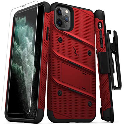 ZIZO Bolt Series iPhone 11 Pro Max Case - Heavy-Duty Military-Grade Drop Protection w/Kickstand Included Belt Clip Holster Tempered Glass Lanyard - Red