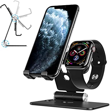 OMOTON Cell Phone Stand for Apple Watch, 2 in 1 Foldable Charging Dock Phone and Watch Stand Holder for iPhone 11/11 Pro/11 Pro Max, Apple Watch 5/4/3/2/1,and Other Devices (Up to 10.5 Inch), Black