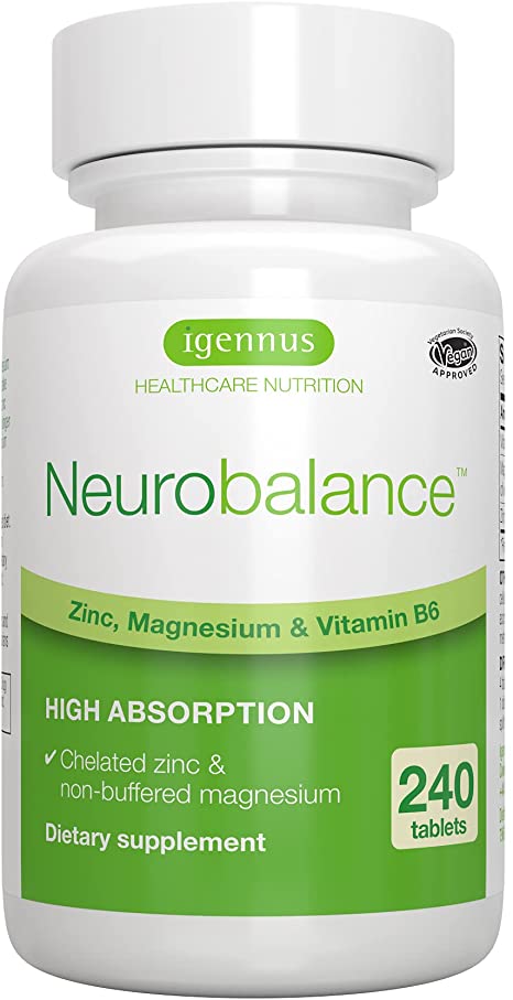 Neurobalance, 240 Count , High Absorption Zinc Magnesium B6 Supplement, Brain, Immune, Sleep & Muscle Recovery, Chelated Zinc Picolinate 24mg, Oxide-Free Magnesium & Vitamin B6, Vegan, by Igennus