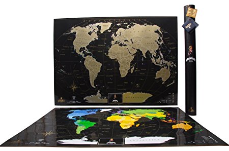 Deluxe Scratchable Off Black World Travel Map with Pins, Glossy Finish   Gift Tube Packaging / USA Divided Into States, Unique Tool Set, Vibrant Colors, Pretty Easy to Scratch Off Places You Have Been