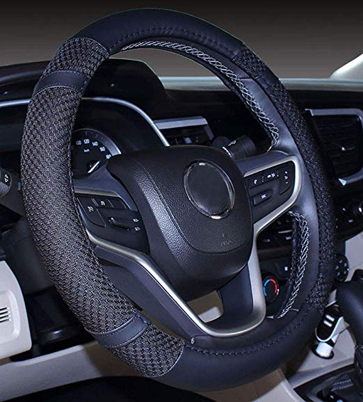 Microfiber Leather and Viscose Universal Breathable anti-Slip Odorless Steering Wheel Cover (15.25''-16'', Black)