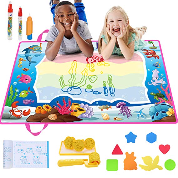 SGILE Drawing Doodles Mat, 33"x 21.7" Large Painting Writing Magic Mat with 3 Drawing Pens, 8 Templates , Album and Set of Stamps, Educational Toy Birthday Present Gift for Boys Girls Kids