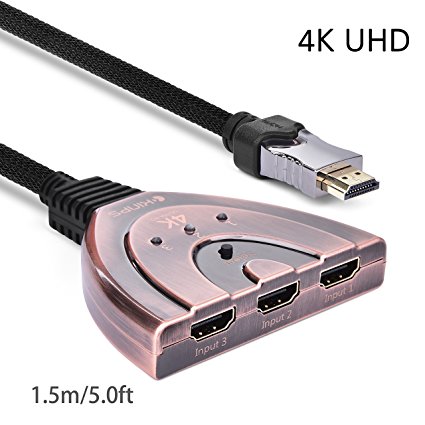 HDMI Switch, Kinps 5FT 4K HDMI Cable Switcher 3 in to 1 out, with 4K UHD (quadrupled 1080p), Supporting Ethernet Channel, Audio Return Channel, Ultra High Digital Video(4K×2K), 3D.(Bronze-5FT)