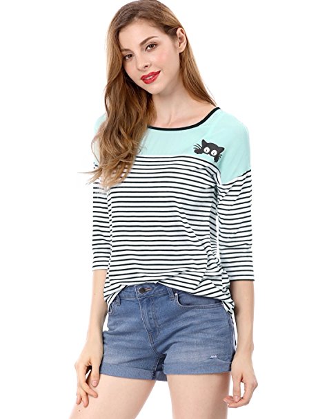 Allegra K Women's Color Block Paneled Piped Cat Prints Striped Tee Shirt