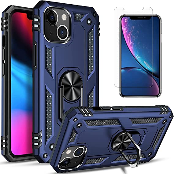 STARSHOP iPhone 13 Case, with [Tempered Glass Screen Protector Included] Military Grade 12 ft Shockproof Metal Ring Kickstand Drop Protection Phone Cover for iPhone 13 - Navy