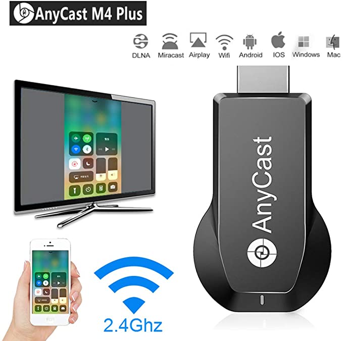 AnyCast Wireless Display Adapter WiFi Dongle Receiver WiFi Display M4 Plus HDMI Screen Mirroring Dual Core H.265/HEVC Decoder HD TV Stick Without Switching Miracast Airplay DLNA Support 4K 1080P