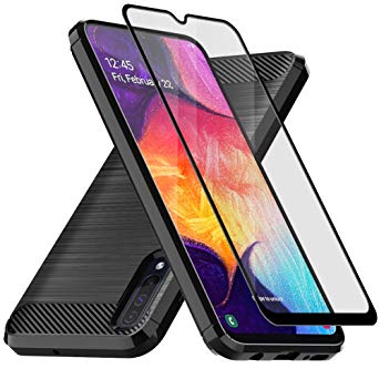 Samsung Galaxy A50 Case, with Tempered Glass Screen Protector, E-outfit Slim Soft TPU Protective Rubber Bumper Case Cover for Samsung Galaxy A50 Phone (Black)