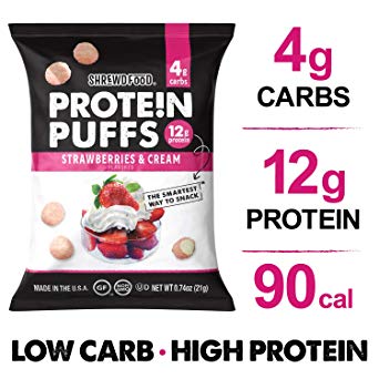 Shrewd Food Low Carb Protein Puffs Strawberries and Cream 8 Pack | 96g Protein (12g per Serving), 4g Carbs | High Protein, Gluten Free Snacks | No Artificial Flavors | Soy Free, Peanut Free