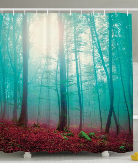 Ambesonne Scenic Art Decor Collection, Mystic Forest Red Leaves White Fog View Picture Print, Polyester Fabric Bathroom Shower Curtain Set with Hooks, Green/Red