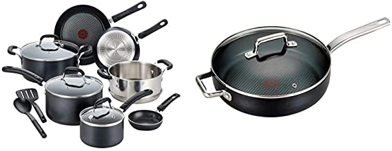 T-fal Professional Nonstick Cookware Dishwasher Safe Pots and Pans Set, Black & C51782 ProGrade Titanium Nonstick Thermo-Spot with Induction Base Saute Pan Jumbo Cooker Cookware, 5-Quart, Black