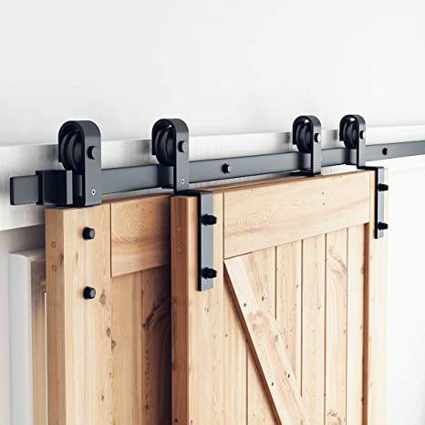 SMARTSTANDARD 5ft Bypass Sliding Barn Door Hardware Kit - Upgraded One-Piece Flat Track for Double Wooden Doors - Smoothly &Quietly - Easy to Install -Fit 30" Wide Door Panel(J Shape Hanger)