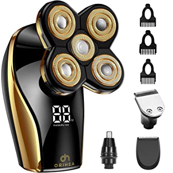 Head Shavers for Bald Men, OriHea Mens 5D Floating Rotary Razor with LED Display ,Cordless Rechargeable Electric Rotary Shaver for Bald Men with Hair Clippers Nose Hair Trimmer