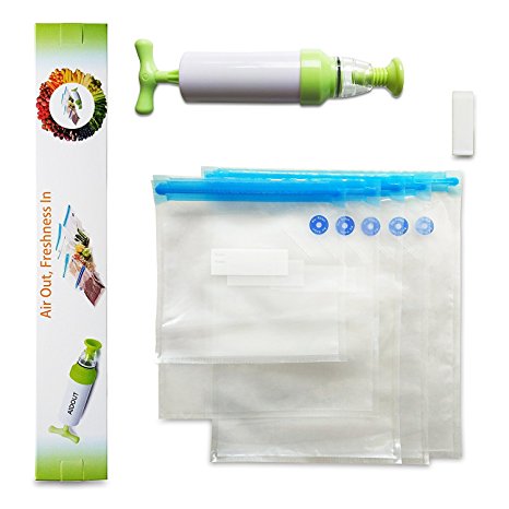 AIDOUT Food Vacuum Sealer - Foodsaver Storage Bags With Hand Pump 5 Sous Vide Bags- Reusable, Practical, Easy To Use, Environmental Friendly, Keep Food Fresh and Tasty  - Lifetime Guarentee