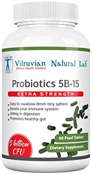 Vitruvian Natural Lab - 15 Strains 5 Billion CFU BIOtract® Pearl=75 Billion CFU of Normal Probiotic - 60 Daily Time Release Pearls - 15x More Effective - Patent Delivery - Made In USA - Extra Strength