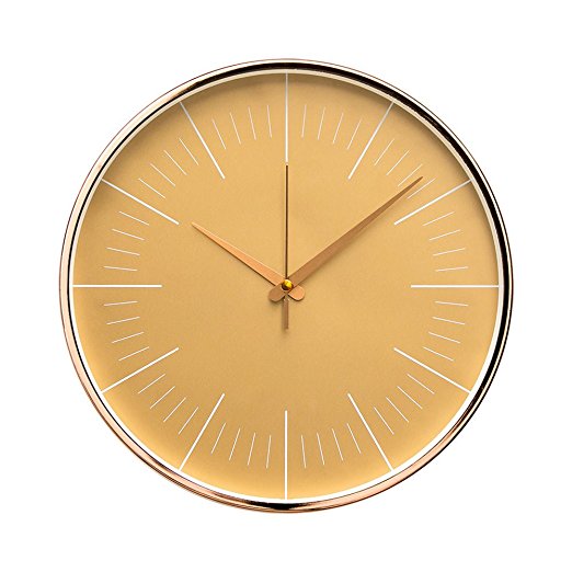Luxury Modern 12” Silent Non-Ticking Wall Clock with Rose Gold Frame (Golden Sand)