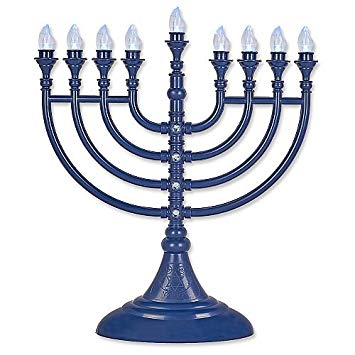 Aviv Judaica Traditional LED Electric Blue Hanukkah Menorah Crystals - Battery USB Powered - Includes a Micro USB 4' Charging Cable