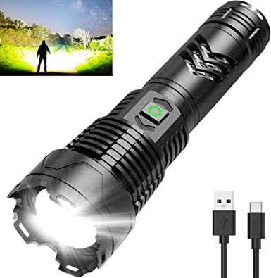 Rechargeable LED Flashlights High Lumens, 120000 Lumen Super Bright Handheld Flashlight, High Powerful Flash Light, 5 Light Modes, Zoomable, IPX6 Waterproof for Camping, Hiking