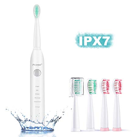 Miss Gorgeous Sonic Electric Toothbrush for Kids and Adult, USB Rechargeable Toothbrush, 5 Modes with 2 Min Build in Timer with 4 Replacement Heads (IPX7 Waterproof, Fast Charging)