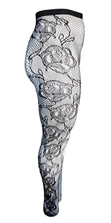 Yelete Killer Legs Women's Queen Plus Size Fishnet Pantyhose 168YD058Q, Black, Etched Side Roses