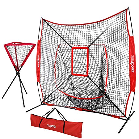 ZENsports 7' x 7' Baseball Softball Practice Hitting Pitching Net with Strike Zone Target and Bow Frame   Ball Caddy,Carry Bag,Great for All Skill Levels