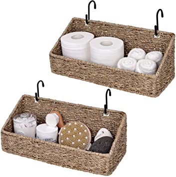 StorageWorks Woven Baskets for Storage, Seagrass Storage Baskets for Shelf, Bathroom Storage Basket, Hanging Baskets for Organizing, 15" x 6.3" x 5.9", 2-Pack