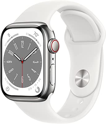 Apple Watch Series 8 [GPS   Cellular 41mm] Smart Watch w/ Silver Stainless Steel Case with White Sport Band - S/M. Fitness Tracker, Blood Oxygen & ECG Apps, Always-On Retina Display, Water Resistant