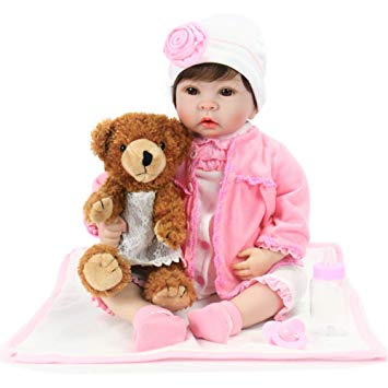 Aori Reborn Baby Girl Doll Realistic Weighted Baby Doll for Girls Children Gift 22 Inch with Brown Teddy