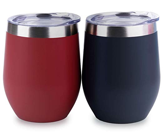 Insulated Wine Tumbler with Lid (Navy Blue & Wine Red 2 pack), Stemless Stainless Steel Insulated Wine Glass 12oz, Double Wall Durable Coffee Mug, for Champaign, Cocktail, Beer, Office use, by SUNWILL