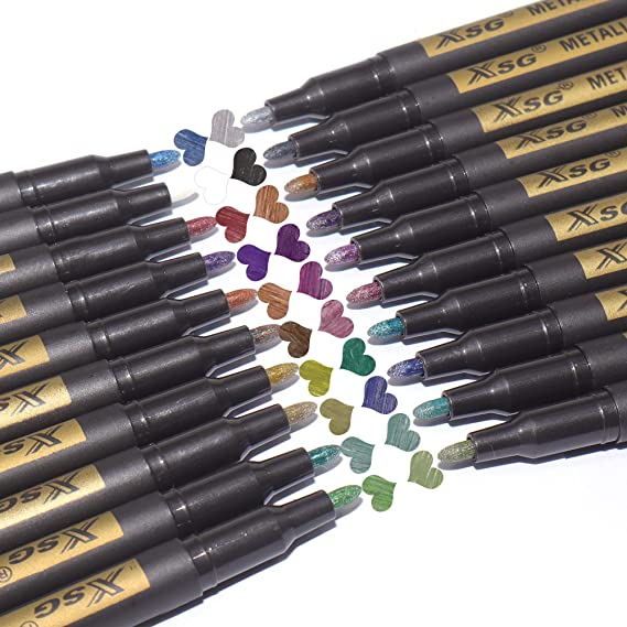 Metallic Marker Pens, XSG Set of 20 Colors Fine Point Metallic Markers for black paper,Rock Painting, Card Making,DIY Photo Album, Scrapbook Crafts, Metal, Wood, Ceramic, Glass (Medium tip)