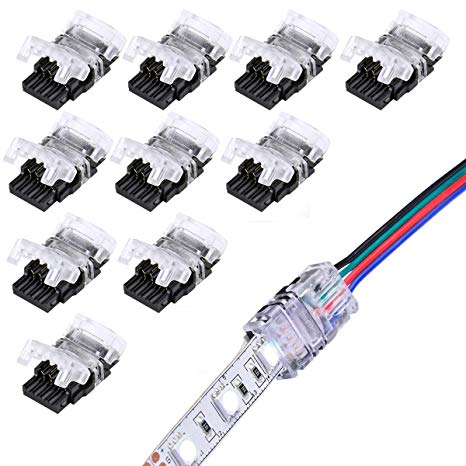 10 Pack LED Strip Connector for Waterproof 4 Pin 10mm 5050 RGB LED Strip Lights, Strip to Wire Quick Connection, 22-20 AWG, Without Wire